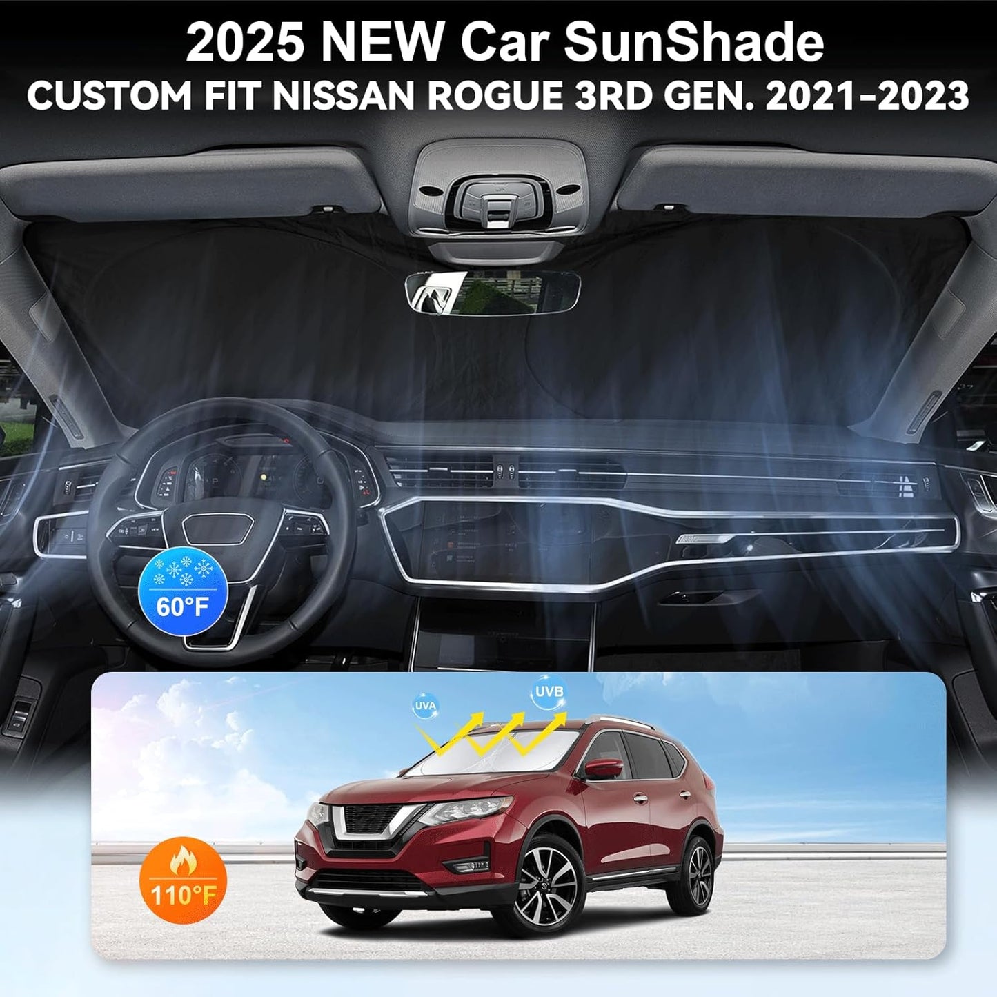 Custom Fit Rogue 3rd Windshield Sunshade for Nissan Rogue 3rd Gen 2021 2022 2023 2024 2025 (Not for Rogue Sport) Front Window Car Shades Shield Cover for Windshield Sun Visor Protector Blocks UV Rays