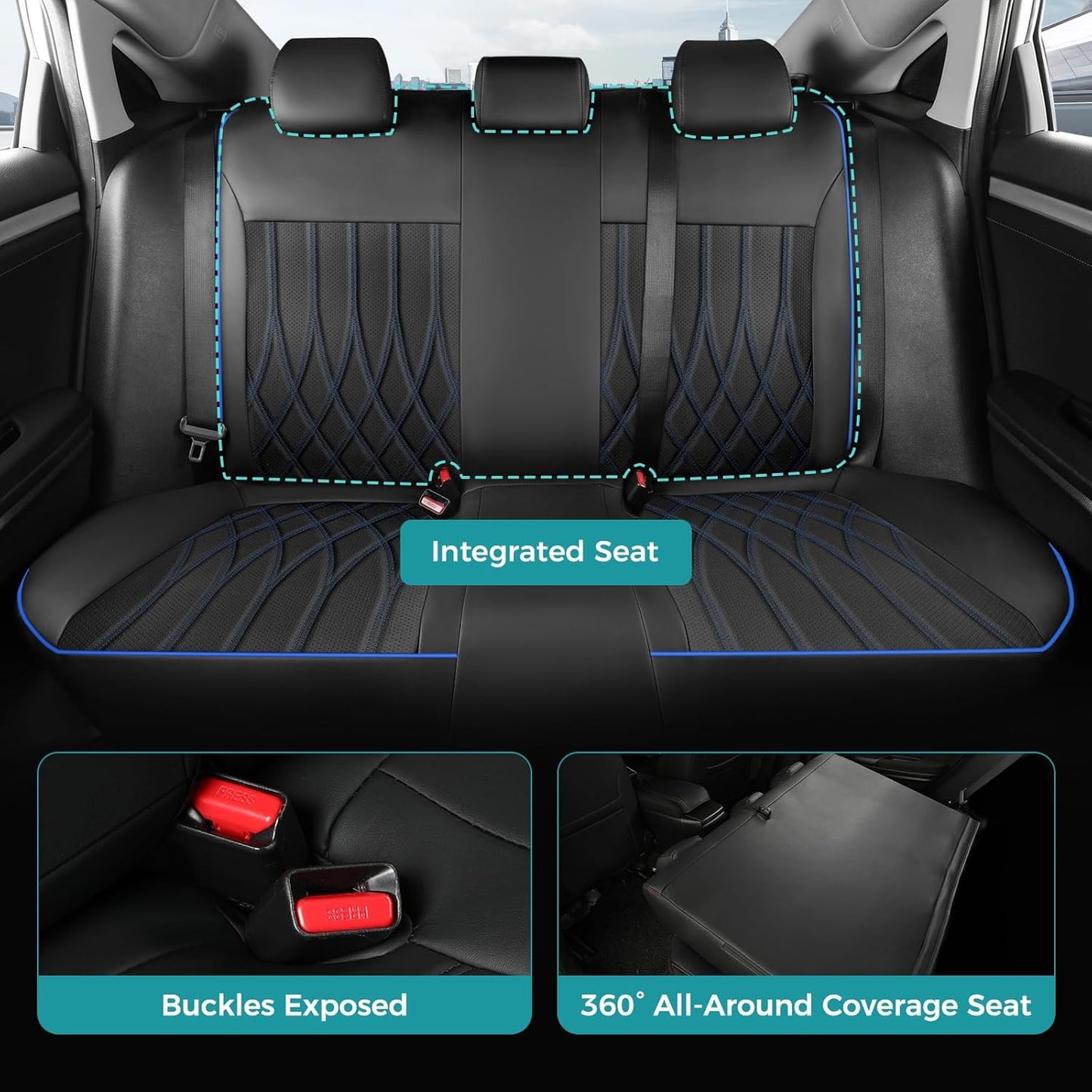 Seat Covers for Honda Civic Sedan 4DR Sedan LX 2022 2023 2024 2025.Faux Leather Car Seats Cover Full Set,(Rear Row Solid Folding Backrest)-BlackBlue