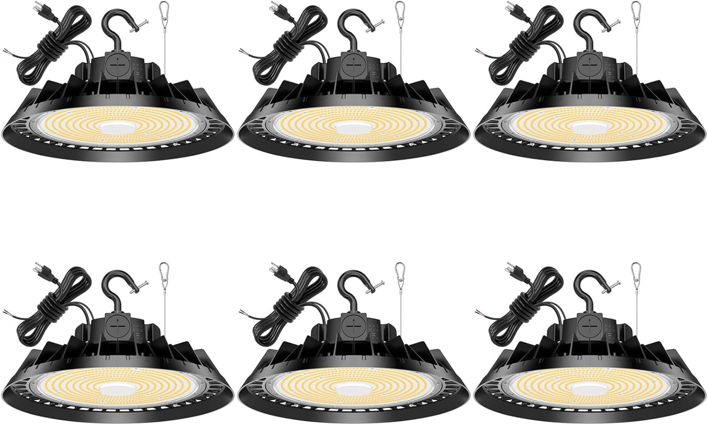 6Pack LED High Bay Lights, 240W UFO High Bay LED Shop Lights, 36000LM Adjustable CCT(5700K 5000K 4500K) & Power(240W 200W 150W), 0-10V Dimmable, 5' Cable Plug, IP65 Waterproof, ETL & DLC Listed