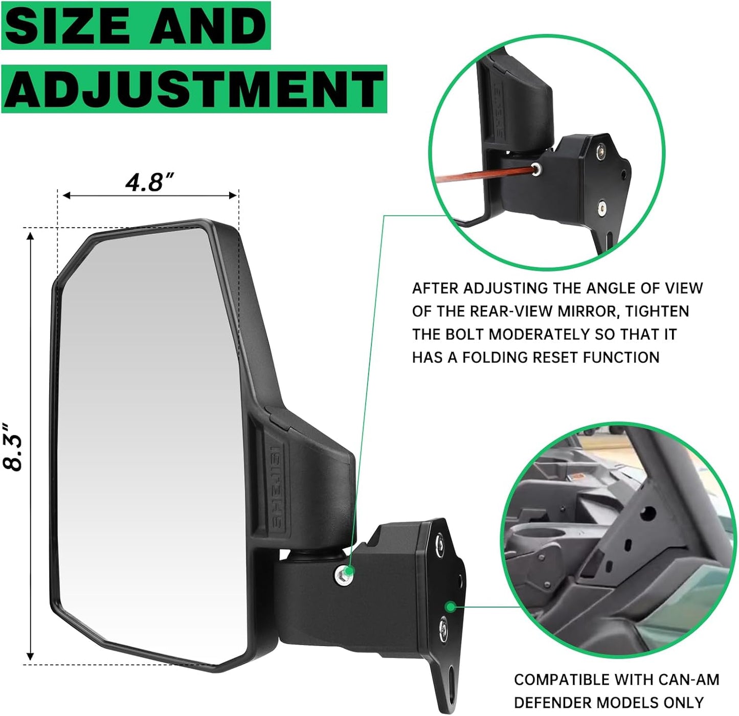 Defender Side Mirrors,The Spring Back Feature Allows Easy Reset After Fold,2024 New UTV Mirrors Compatible with Can Am Defender HD10 HD9 HD8 HD7 HD5,Suitable for No Door,Half Door,Full Door