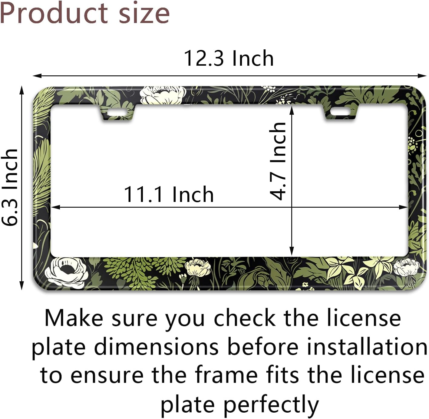 Sage Green Floral License Plate Frame Plant Flowers Stainless Steel License Plate Frames Holder Covers Rust-Proof Auto Parts Decoration with Screws License Plate Holder for Car Accessories 12x6 Inch