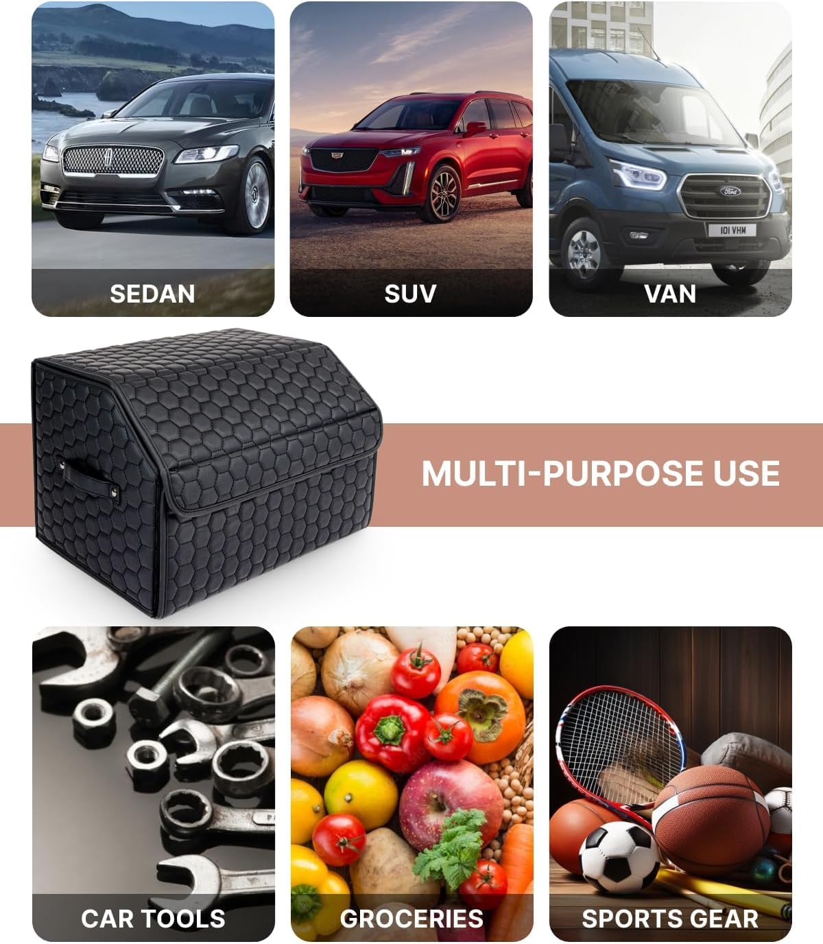 Cargo Organizer 17.7" - Compact Storage Totes With Lids For SUV, Sedan Or Truck - Durable Car Crate For Travel Essentials - Unique Gifts For Dad (Black 17.7)