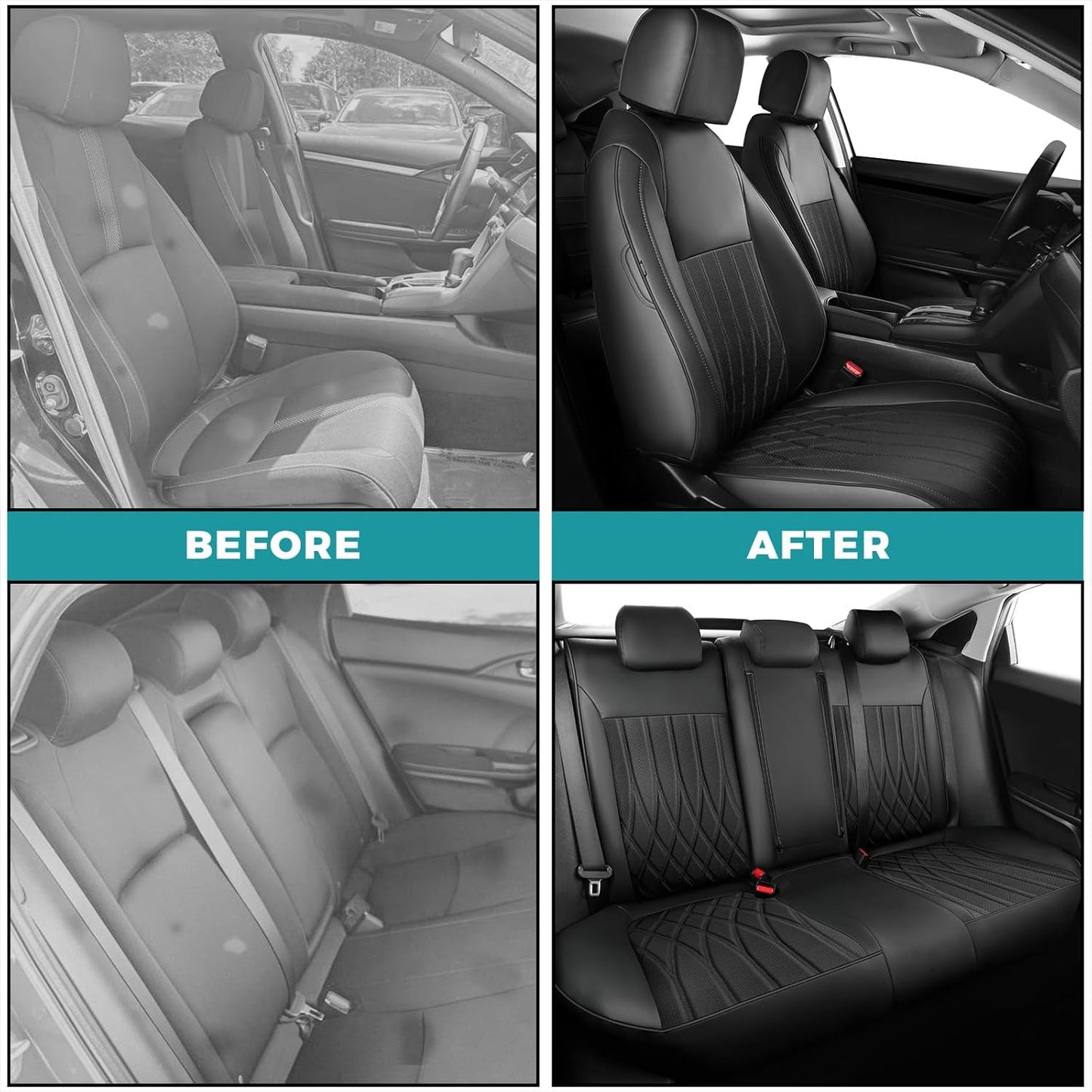 Seat Covers for Honda Civic Sedan 4DR Sedan EX 2022 2023 2024 2025.Faux Leather Car Seats Cover Full Set (Rear Row 40/60 Split & Folding Backrest)-Black