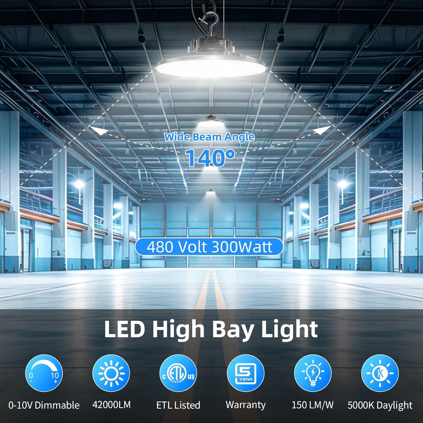 480V LED High Bay Light 300W 240W 200W Adjustable UFO Light 42000LM ETL DLC Listed Dimmable High Bay LED Shop Lights 5000K Daylight IP65 Waterproof Commercial Bay Lighting for Warehouse Factory
