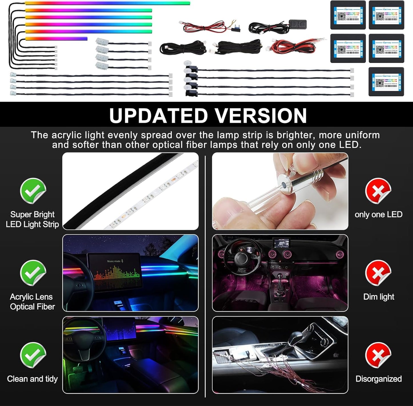 Dreamcolor Acrylic Interior Car LED Strip Light with Wireless APP, RGB 18 in 1 with 175 inches 600 LEDs Fiber Optic Car Ambient Lighting Kits, Dual Zone Sound Active Function LED Strip for Car