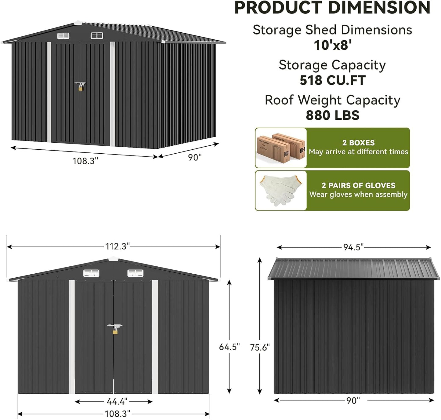 COMHOMA Shed Outdoor Storage Shed Metal,Lockable Doors Tool Sheds with Sloping Roof,Steel Garden Shed with Air Vent for Backyard,Patio,Lawn,Poolside (Grey, 10'*8')