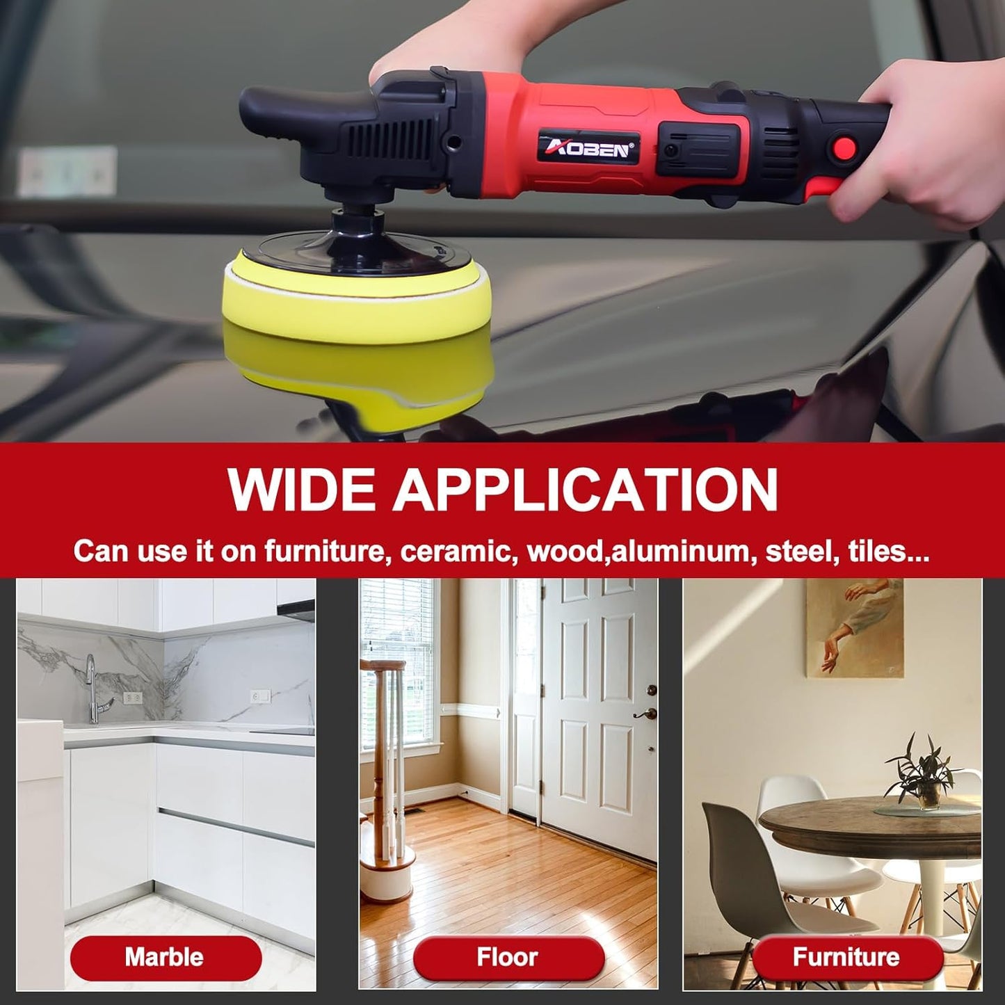 AOBEN 6/7 inch Buffer Polisher,Rotary Car Buffer,1600W Car Polisher Waxer Kit with 6 Variable Speed 1000-3500RPM & 4 Polishing Pads,Detachable Handle for Car Polishing and Waxing