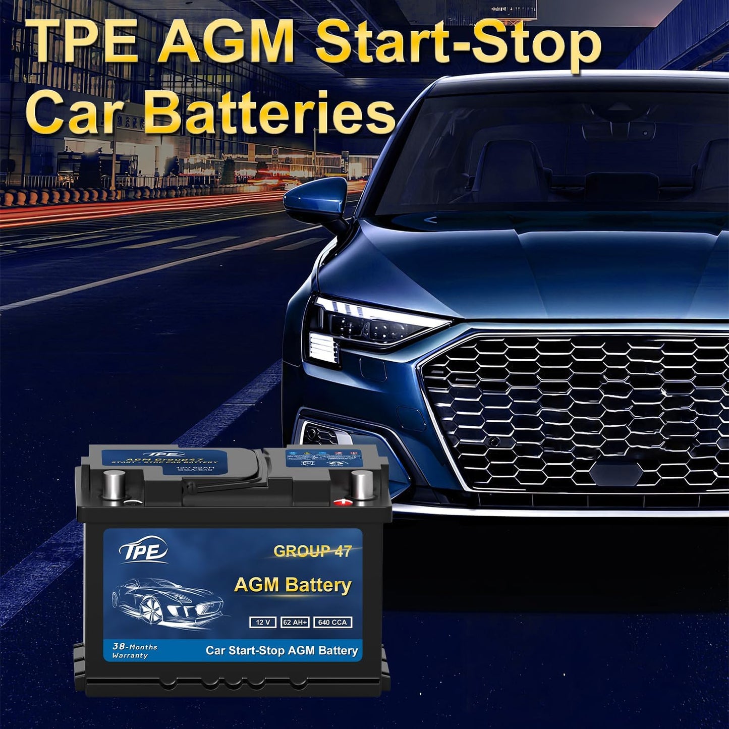 TPE AGM Battery BCI Group 47, Maintenance Free 12V 62Ah, H5 Size, 100RC, 640CCA, Automotive Battery, Reliable Performance for Cars Lead-Acid