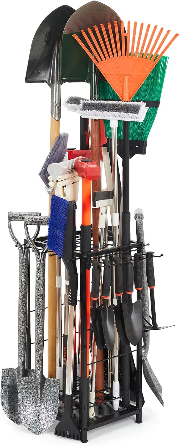 Garden Tool Organizer Holds 50 Long-Handled Tools/Rakes/Brooms/Shovles for Garage Organization and Storage, Shed, Outdoor, Lawn, Heavy-Duty Steel, Black, Easy Assembly (Corner Tool Organizer)