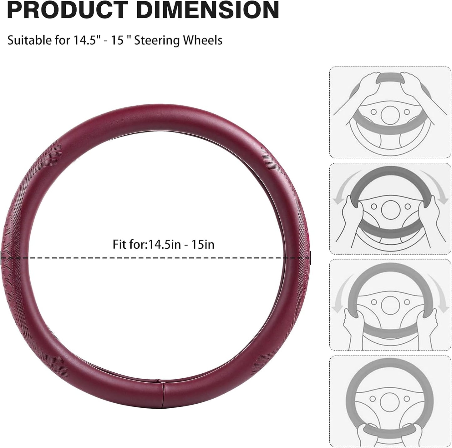 【2025 Model】 High-Grade Real Cowhide Steering Wheel Cover for Men Women，Wine Red Genuine Leather Steering Wheel Cover for Cars,Universal 14.5-15 inch Steering Wheels,Grid & Square Motif