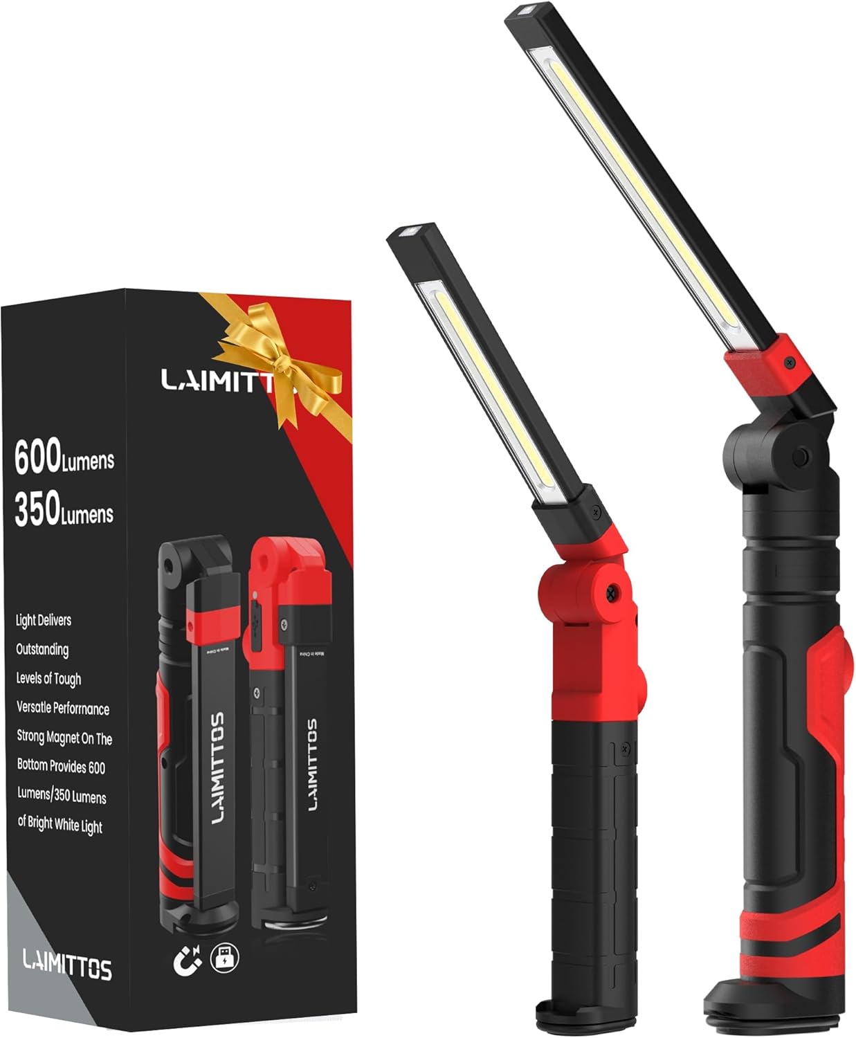 Rechargeable LED Work Light, Magnetic Flashlight Mechanic Light Tool Gifts for Men Him, Foldable Lamp with Hook for Car Repair Emergency BBQ Grill (2 Pack)