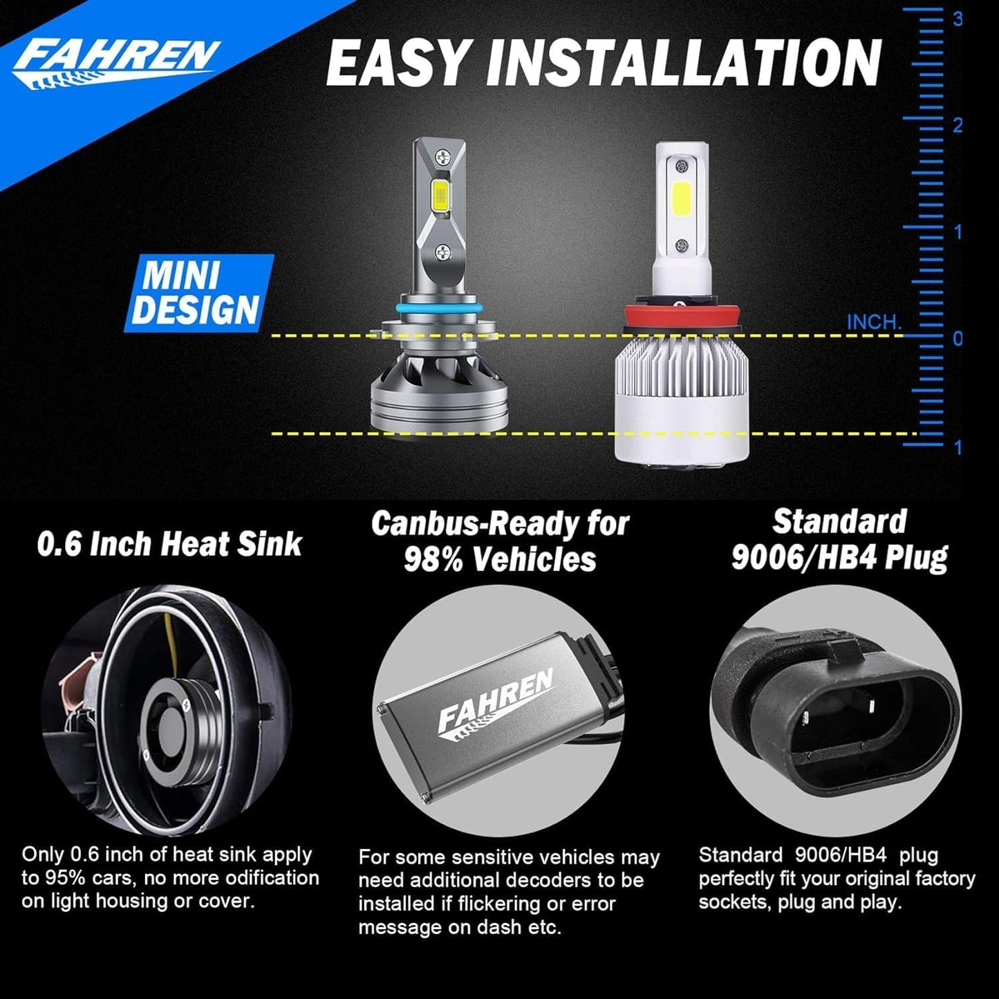 9006/HB4 Light Bulbs, 800% Super Bright 6500K Cool White HB4 Lights, 1:1 Mini Size Easy to Install Bulbs with 5 Years Lifespan, IP68 Waterproof, Pack of 2