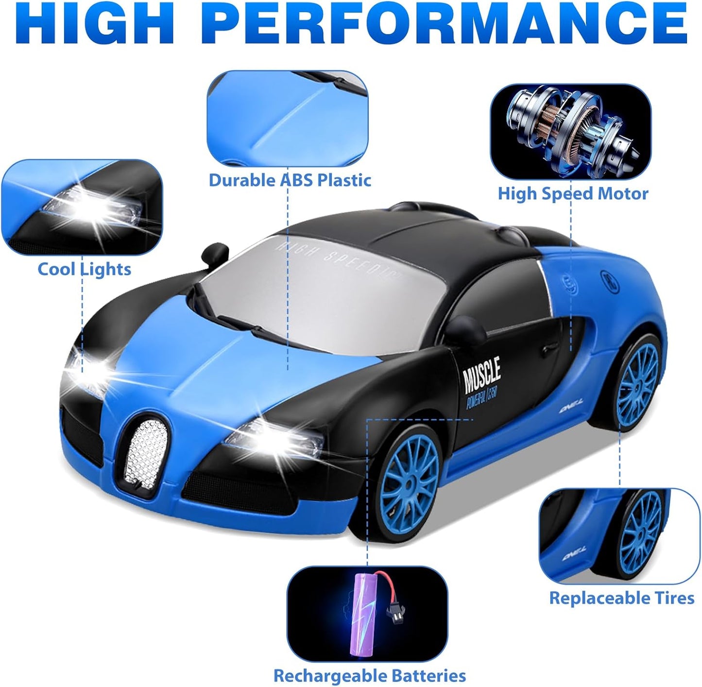 RC Drift Car, 1:24 4WD Drifting RC Cars 2.4GHz High Speed Remote Control Car with LED Light and Drift Tires Racing Toy Cars for Kids Boys Girls Adults, Blue