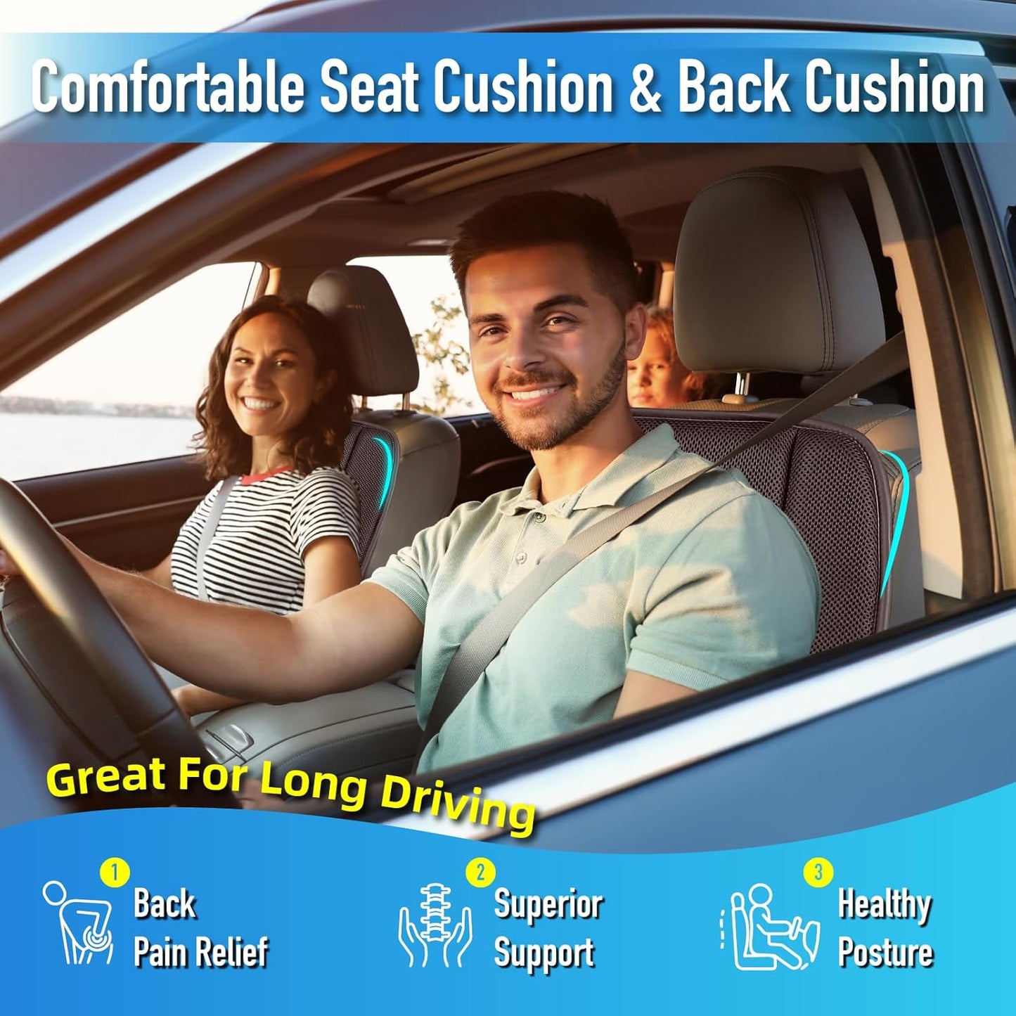 Memory Foam Car Seat Cushion with Lumbar Support Pillow - 4D Mesh Ventilation for Back & Sciatica Pain Relief, Auto Pad Suitable for Car, Truck, SUV, Dark Grey