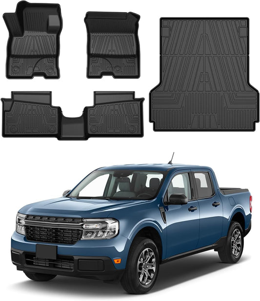 Powerty Floor Mats & Truck Bed Mat for 2022-2024 2025 Ford Maverick Gas Model Accessories Floor Mats 2 Row Liner Set All Weather TPE 3D Floor Liners&Truck Bed Liner