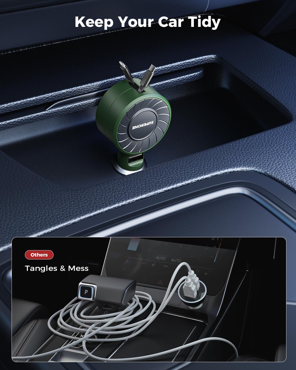 SUPERONE 3-in-1 Car Charger with Retractable Cords, USB C Charger Car Adapter Compatible with iPhone 16/15/14/13/12/11 Pro Max Samsung Android Phones