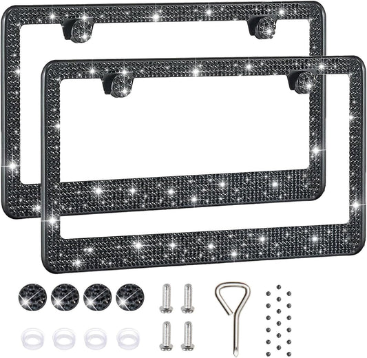2 Pack License Plate Frames for Women, Sparkly Rhinestone Diamond Car Accessories with Glitter Crystal Caps (Black (2PCS))