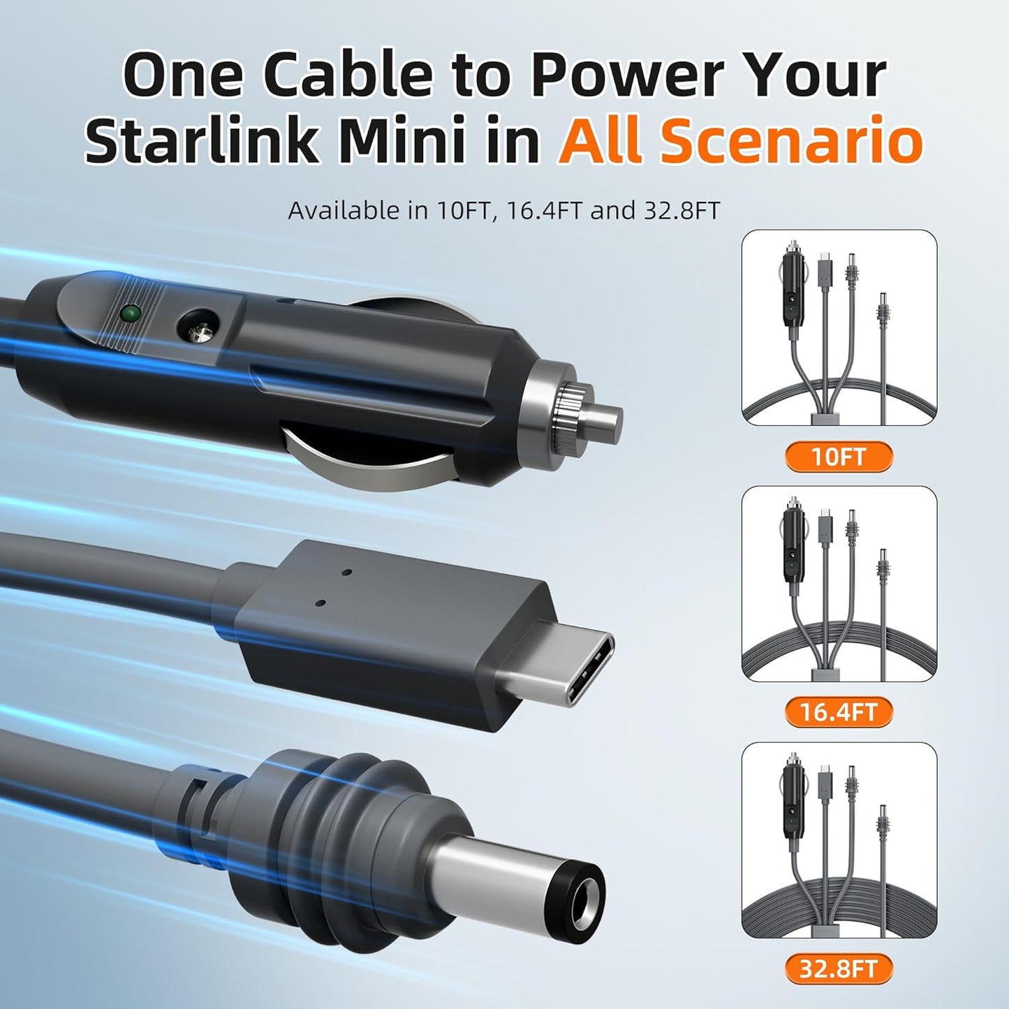 Starlink Mini 3-in-1 DC Power Cable 16FT, USB-C 12-24V Cigarette Lighter Plug & DC Male Cord Input Power Cable, Waterproof Power Cord Accessories for Starlink Mini