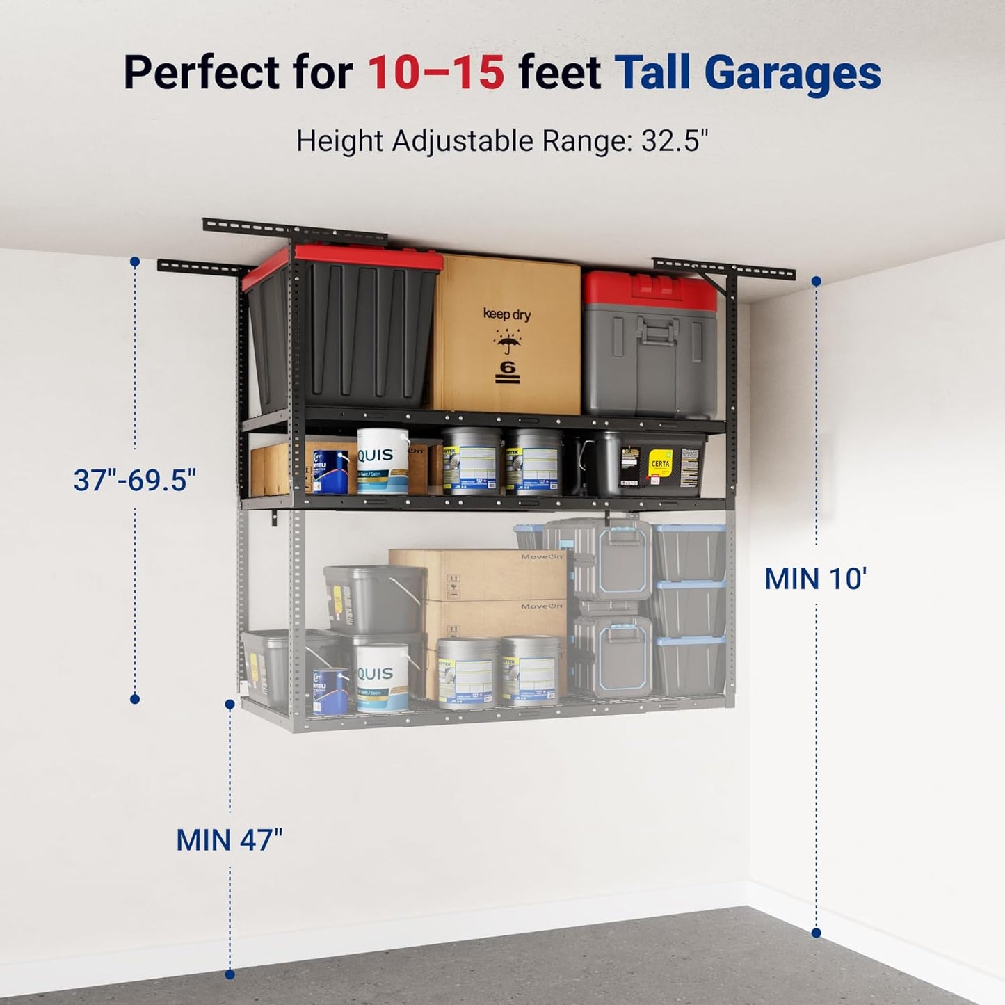 FLEXIMOUNTS 3x6 2-Tier Overhead Garage Storage Rack – Adjustable Heavy Duty Metal Garage Ceiling Storage Racks, 880 lbs Capacity – Garages Organization System for 10–15 ft Tall Garages, Black