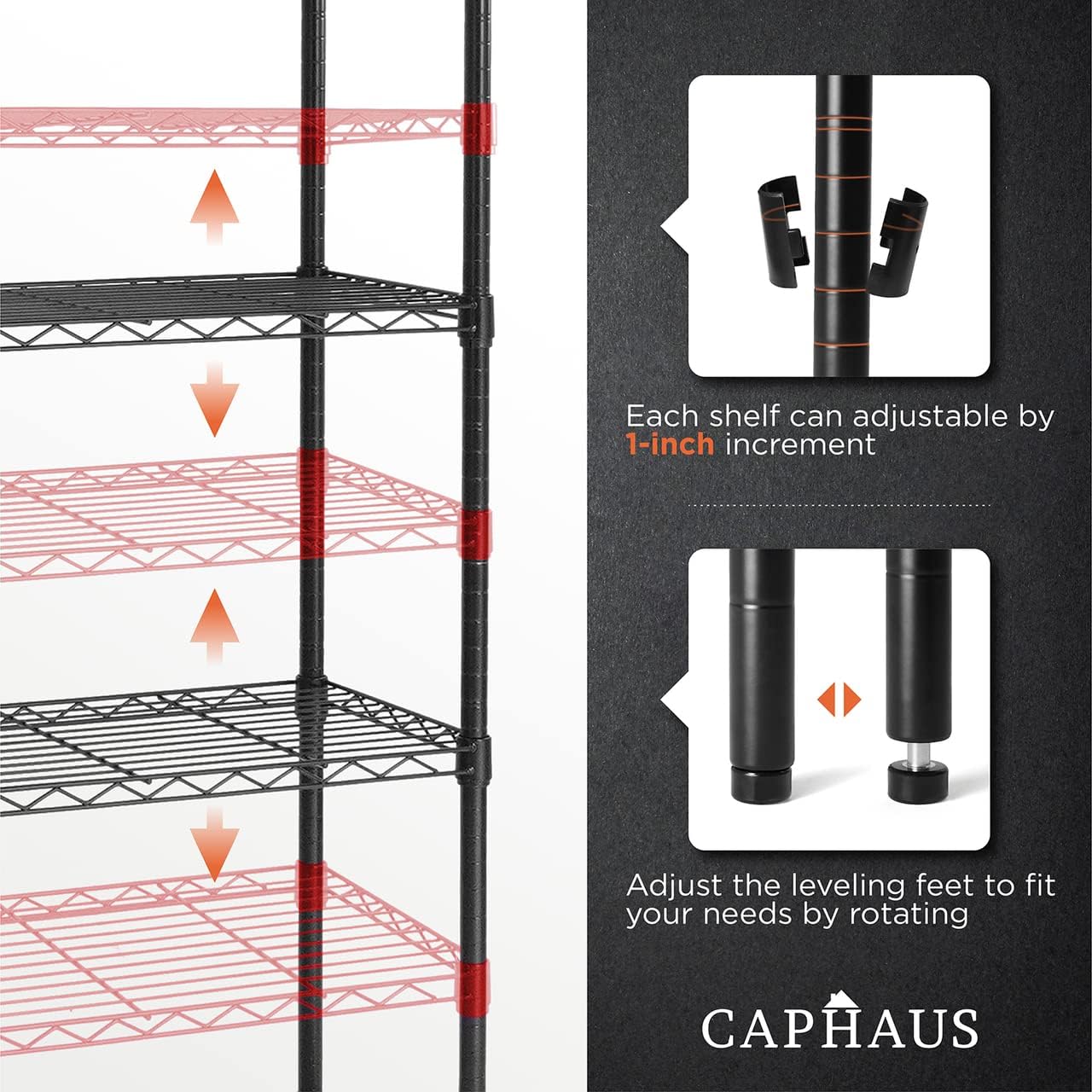 CAPHAUS 4-Tier Adjustable Height Wire Shelving Unit, Wire Rack Shelving, Metal Steel Storage Shelves, Garage Shelving Storage Organizer, Utility Storage Shelf, Without Wheels, Black