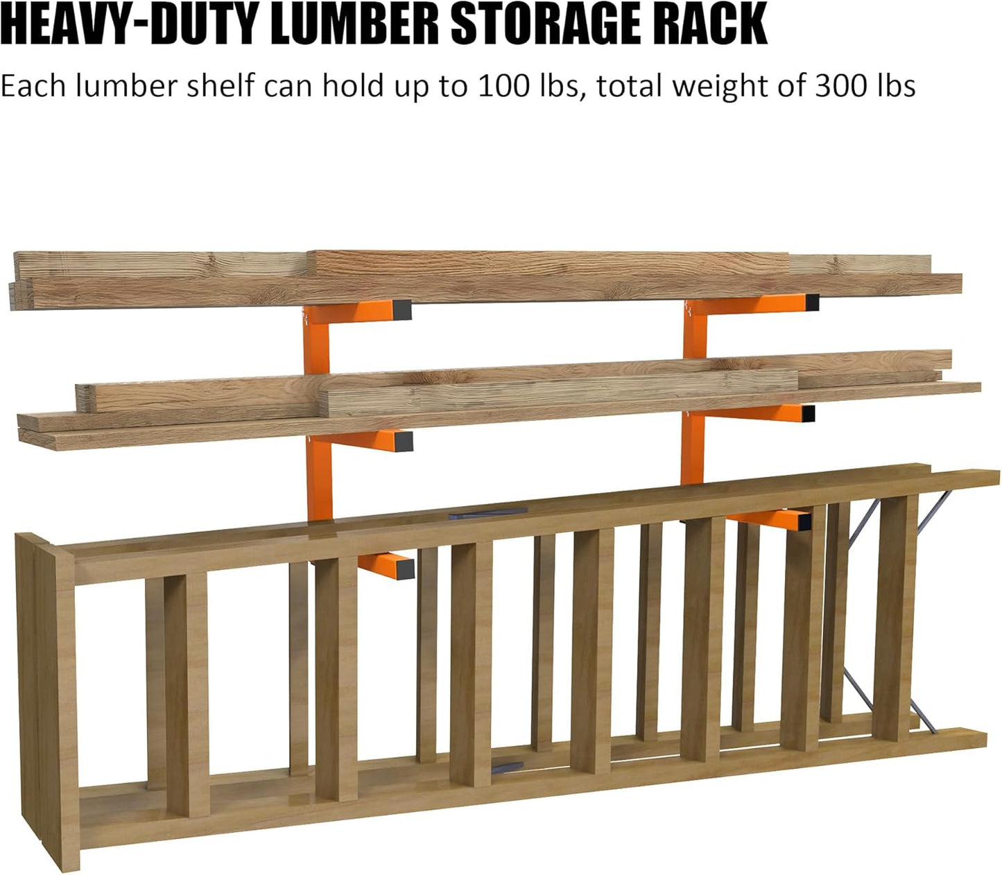 UNITEDPOWER Wall Mount Wood Organizer, Lumber Storage Rack, Heavy Duty Metal Shelf with 3-Level for Workshop or Garage, Indoor Or Outdoor Use-2 Hook