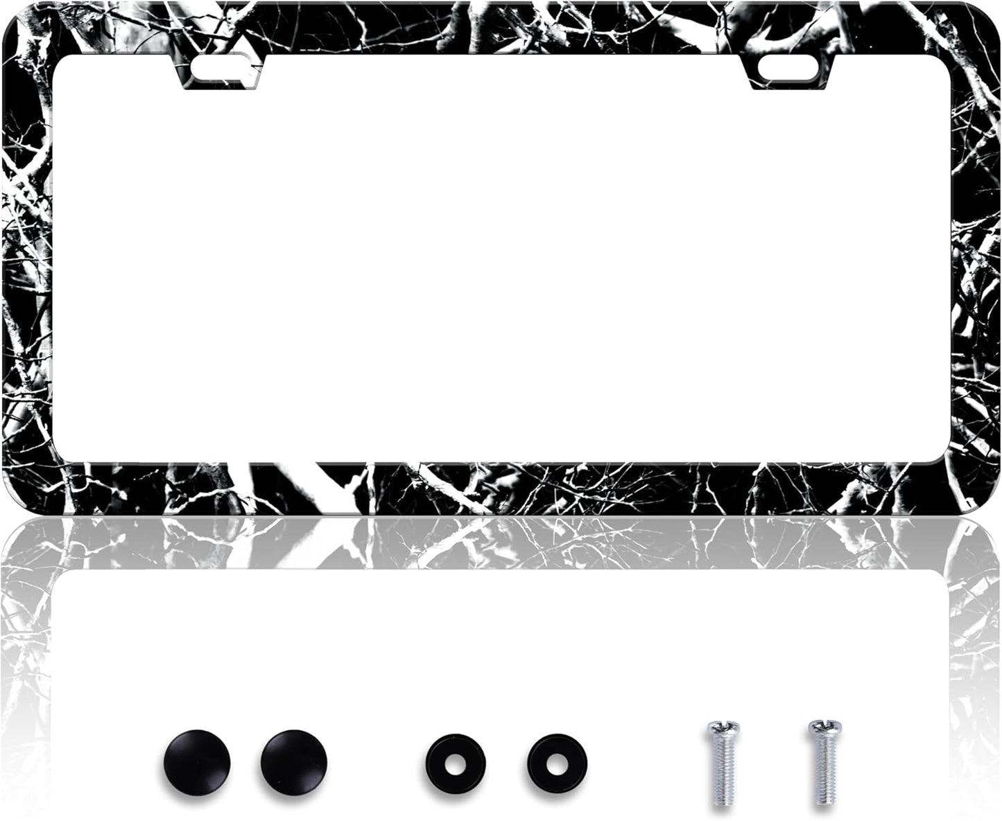 Black White Camouflage License Plate Frame Branches Trunks Camo License Plate Frames Personalise Stainless Steel Funny Design Compatible with Standard Holder for USA Canada 6 X 12 Inch with Screws