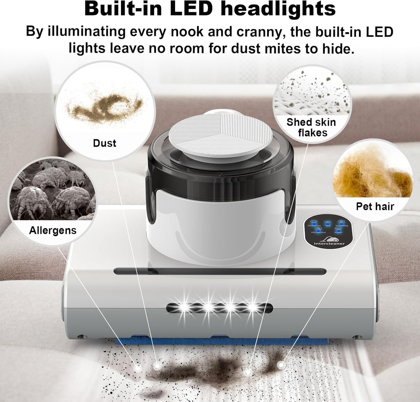 Mattress Vacuum Cleaner,13Kpa Powerful Suction Bed Vaccum Cleaner with UV-C Light,LED Headlights and High Heating Tech,1.2kg Light Weight Handheld vaccum for spot Cleaning,Sofa,Couch Fabric Cleaner