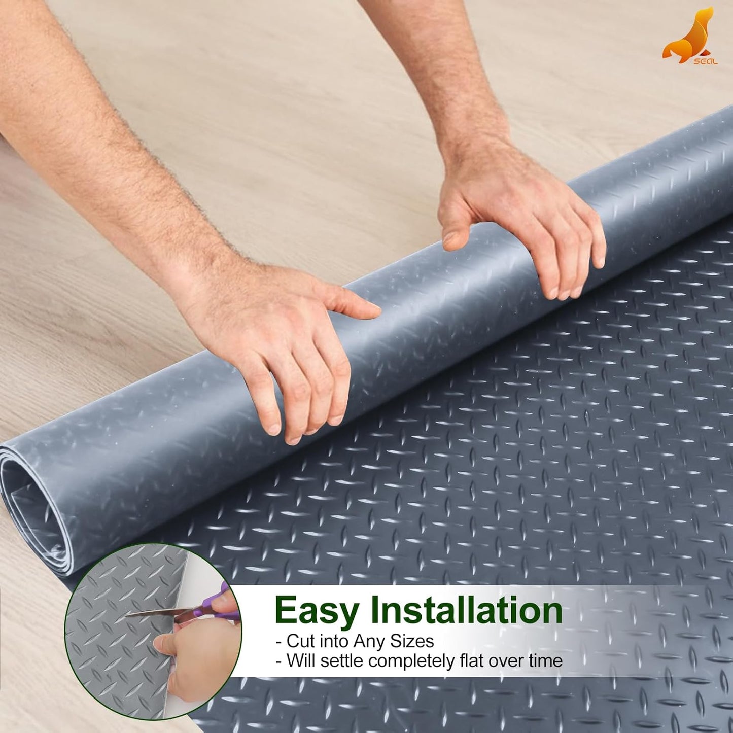 SEAL 4 x 20 Ft Premium Garage Floor Mat, Solid 2.8mm Thick Gray Commercial Grade Heavy Duty Parking Mat for Garage Floor, Golf Cart Parking, Water/Stain Resistant Floor Runner (Embossed Diamond Plate)