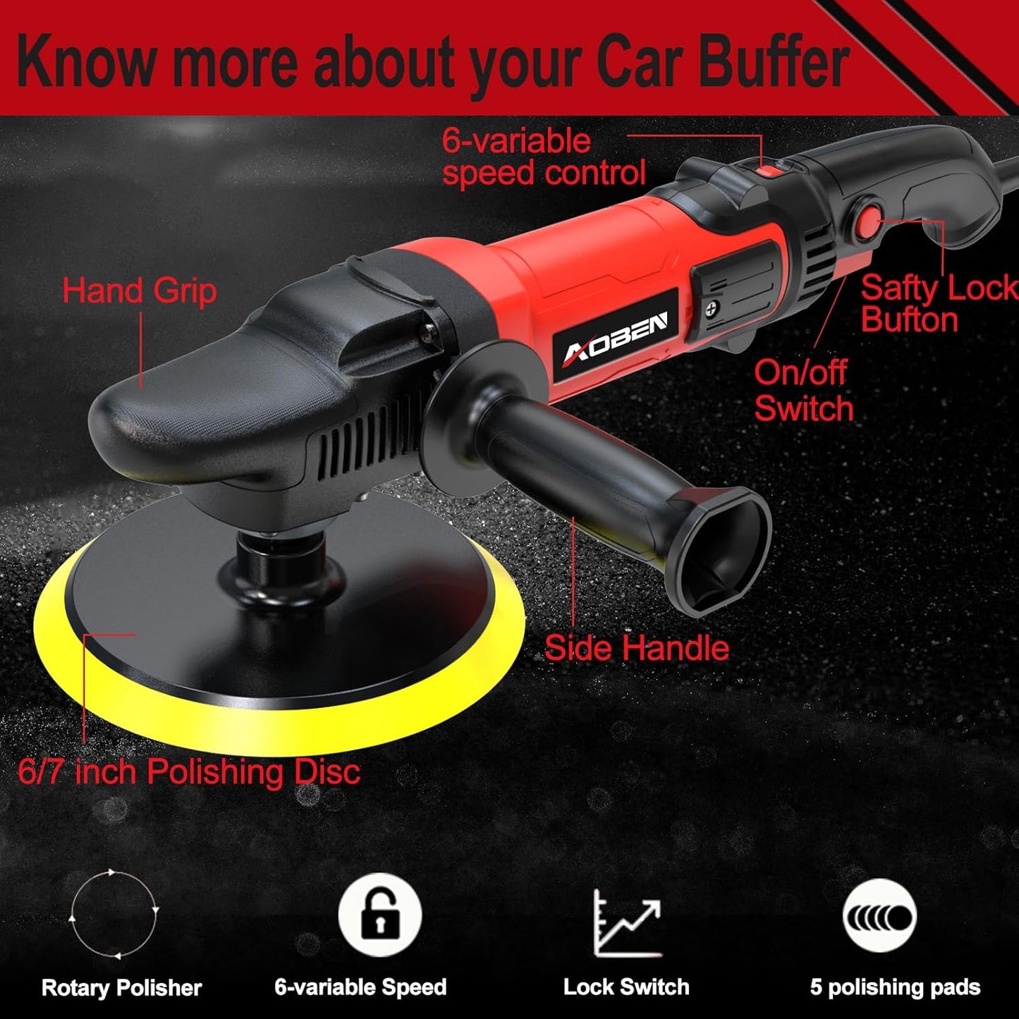AOBEN 6/7 inch Buffer Polisher,Rotary Car Buffer,1600W Car Polisher Waxer Kit with 6 Variable Speed 1000-3500RPM & 4 Polishing Pads,Detachable Handle for Car Polishing and Waxing