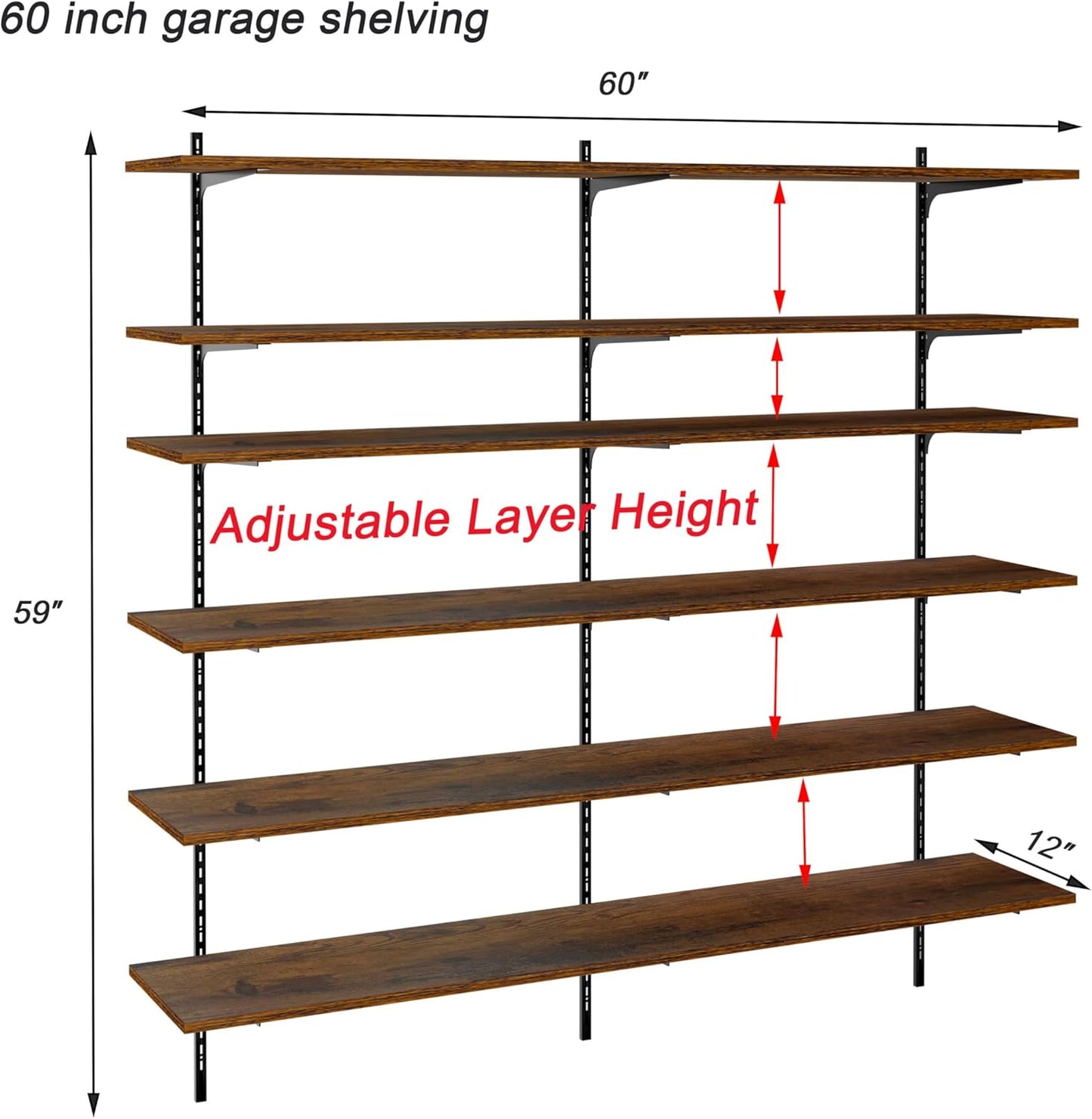 ROGMARS 60" W Garage Wall Mounted Shelving Heavy Duty, 6 Tier Garage Shelves, Adjustable Height Storage Shelving Unit, Wall Shelf Storage Rack Floating Shelves for Warehouse, Pantry, School, Shop