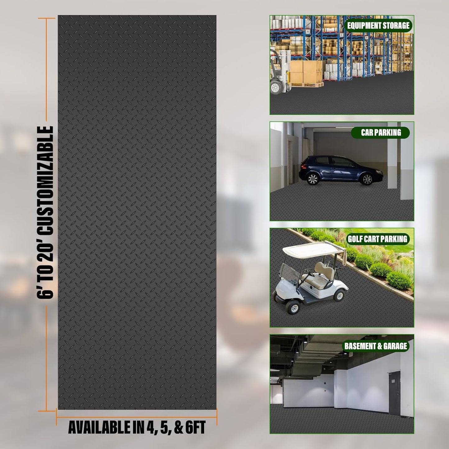 SEAL 6 x 20 Ft Premium Garage Floor Mat, Solid 2.8mm Thickened Black Commercial Grade Heavy Duty Parking Mat for Garage Floor, Golf Cart, Water/Stain Resistant Floor Runner (Embossed Diamond Plate)