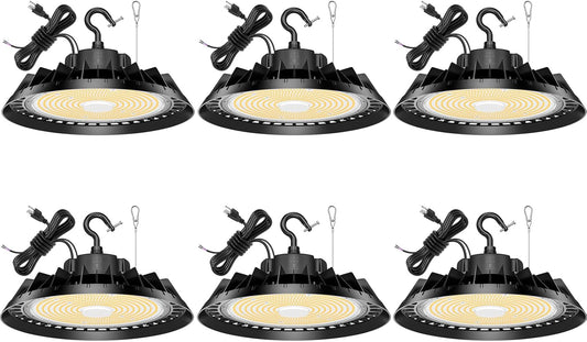 6Pack LED High Bay Lights, Super Bright 240W UFO High Bay LED Shop Lights, 36000LM 5000K, 0-10V Dimmable, 5' Cable Plug, IP65 Waterproof, ETL Listed Plug & Play Lighting for Gym Factory Warehouse
