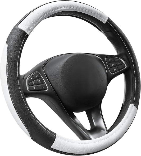 SEG Direct Car Steering Wheel Cover Universal Standard Size 14.5-15 inch, Black and White Microfiber Leather