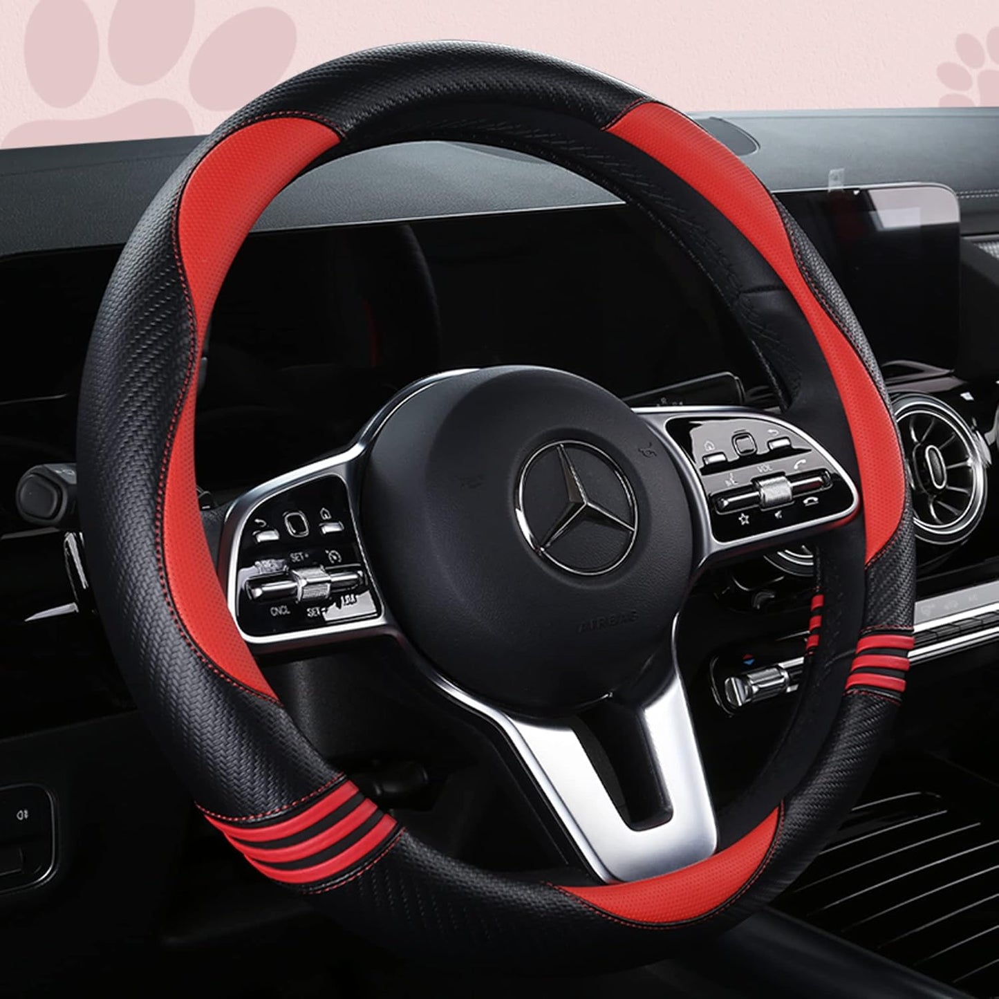 Car Steering Wheel Covers for Women Girl Padded Carbon Fiber PU Leather Cute Cartoon Auto Interior Accessories for Jeep, Truck, Universal, Anti Slip, Red, Large Size 15.5-16"(39-41cm)