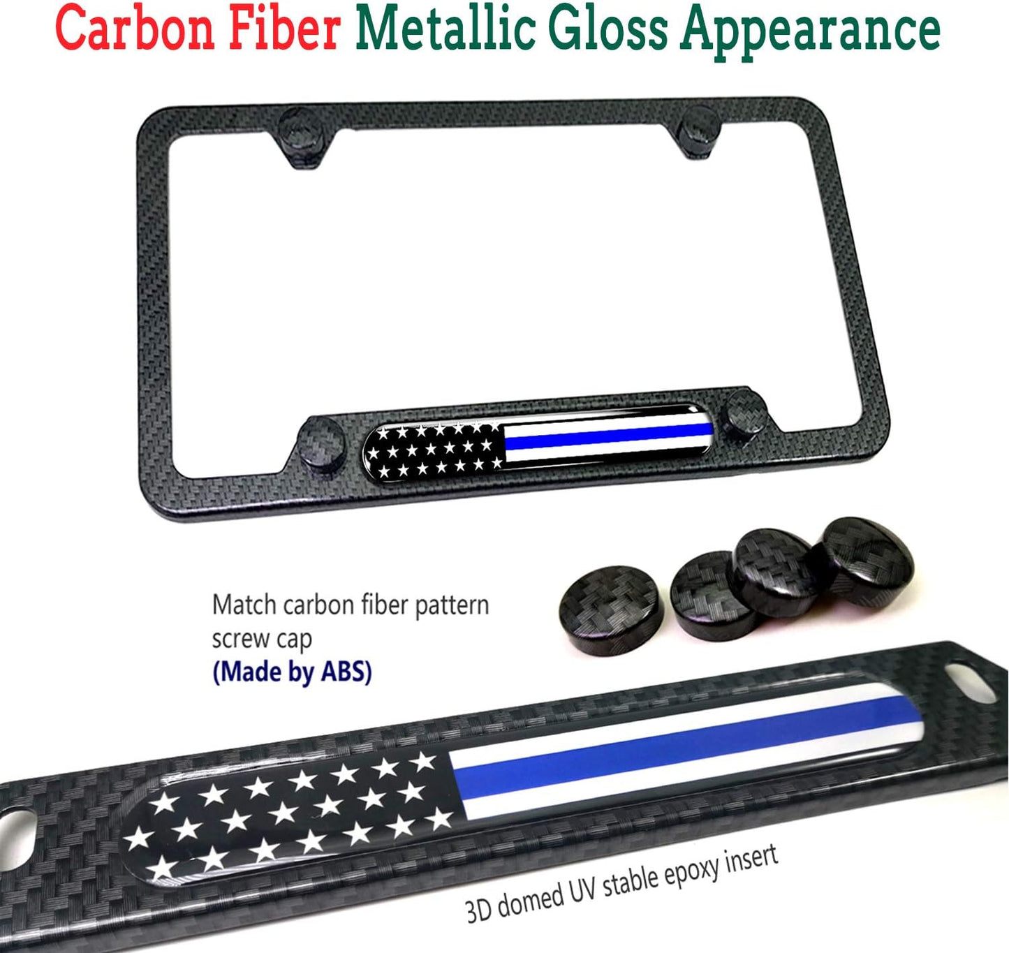 Police Thin Blue Line License Plate Frame- Patriotic Carbon Fiber Car Tag Holder, American Flag Black Aluminum Bracket with Screw, Cap Covers, Decal, Novelty Gift for Law Enforcement, 1 Pack