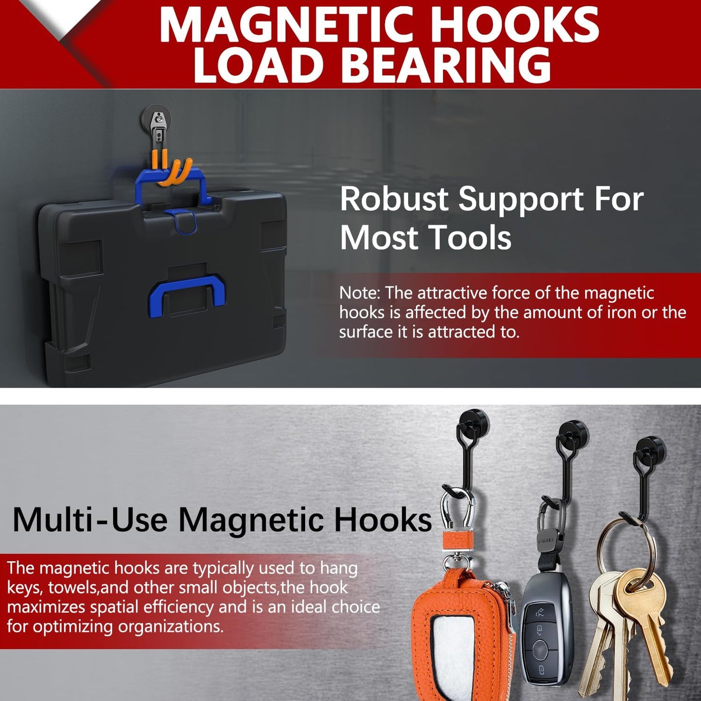 3-H Heavy Duty Magnet Garage Hooks 2 Pack, J Shape Strong Magnetic Hooks for Hanging Cordless Power Drill, Utility Magnetic Tool Holder for Metal Cabinet, Steel Pegboard, Toolbox, Garage(Orange)