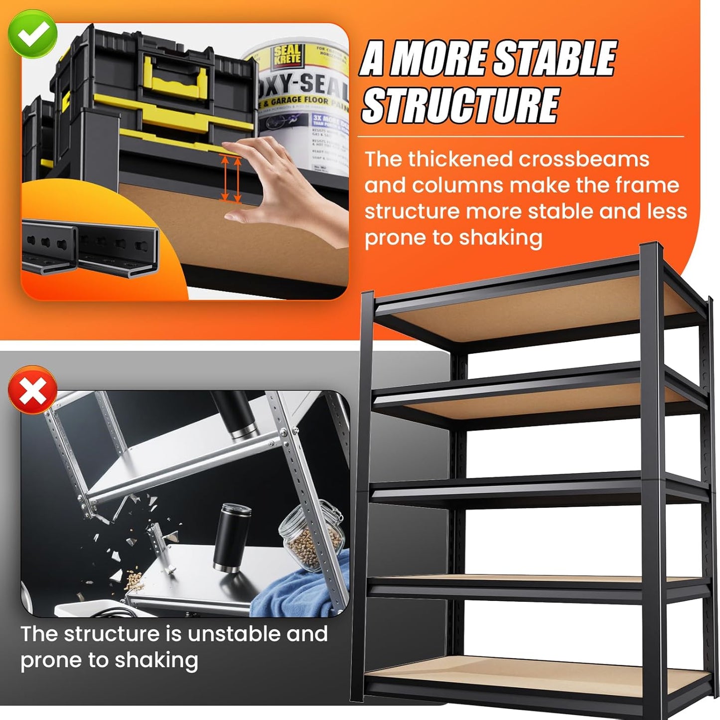 72" H*46'' Storage Shelves 2500lbs Garage Shelving Adjustable Heavy Duty Garage Shelves Easy To Install Metal Shelving Wood Shelving Unit Storage Shelf for Basement Warehouse Industrial Kitchen Pantry