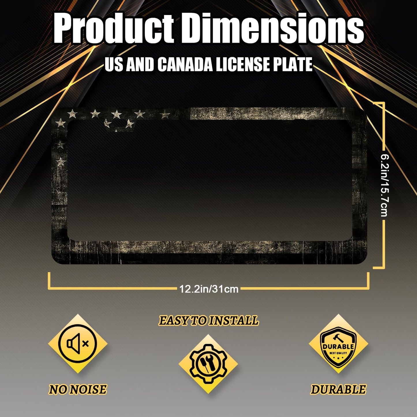 Vintage American Flag License Plate Frame USA Flag License Plate Holder Stainless Steel Funny Design with 2 Holes and Screws 12.3" x 6.3"