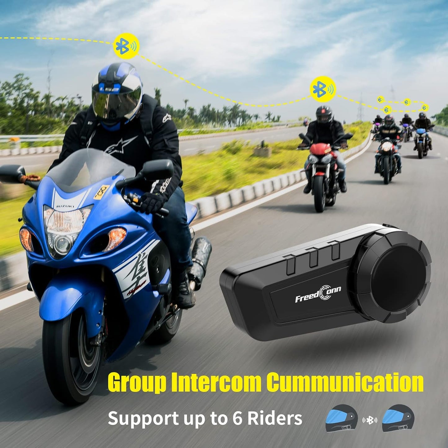 FreedConn KY PRO Motorcycle Helmet Bluetooth Headset, Motorcycle Communication Systems with CVC Noise Cancellation, Stereo Music, 6 Riders 0.75mi/1200m intercom, Dual Device Connection, IP65, 1 Pack