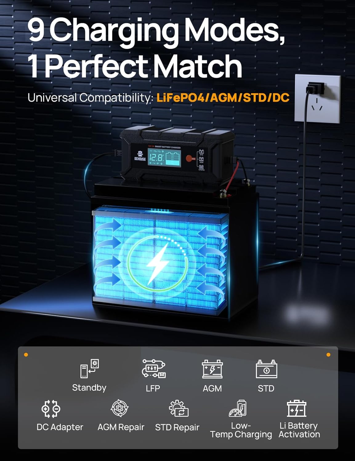 DC HOUSE 5A Battery Charger, 12V Smart Lithium Battery Charger for LiFePO4 & Lead Acid, Trickle Charger Maintainer and Desulfator for Car, Motorcycle, Automotive Batteries