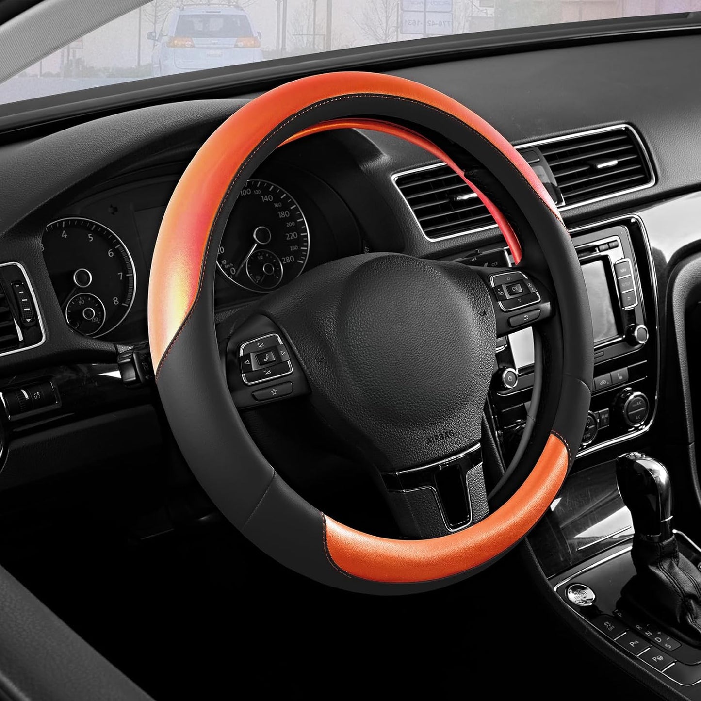 Road Comforts Steering Wheel Cover – Breathable Leather Steering Wheel Cover, Anti-Slip Grip, Universal Fit 14.5” to 15”, Heat & Cold Resistant for Cars, SUVs, and Trucks – Black & Orange