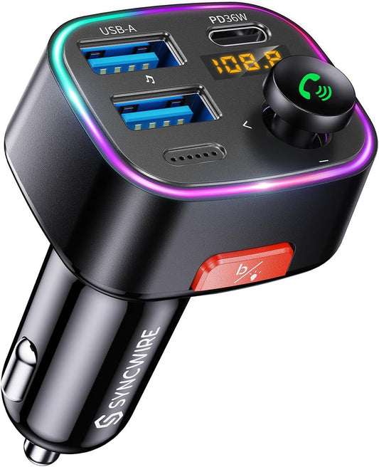 Syncwire Bluetooth 5.4 FM Transmitter Car Adapter 48W (PD 36W & 12W) [Light Switch] [HiFi Bass Sound] [Fast Charging] Wireless Radio Music Adapter LED Display Hands-Free Calling Support USB Drive