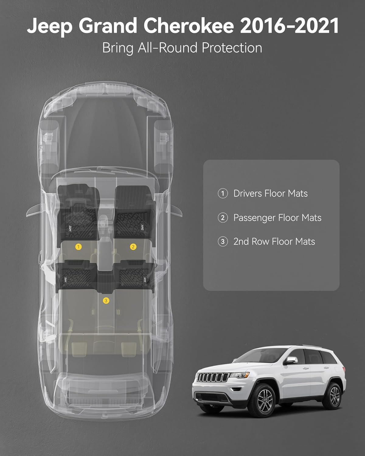 3W Floor Mats Fit for Jeep Grand Cherokee 2016-2021/ Grand Cherokee WK 2022 2023/ Dodge Durango 2016-2021 (2nd Row Bench Seating Only) TPE All Weather Custom Fit Full Set Car Liners Accessories