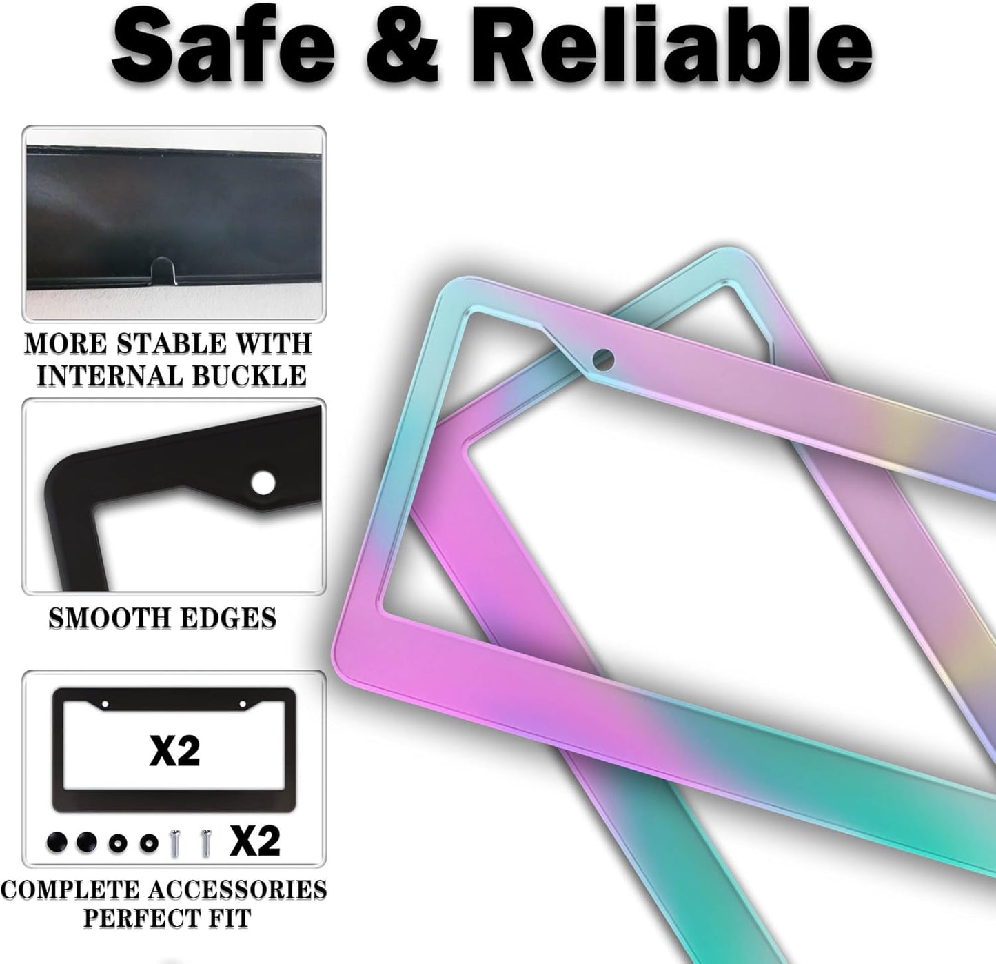 License Plate Frame Holder Rainbow License Plate Frames for Women Iridescent Women Universal Aluminum Car Accessory 2 Pack with Screw Covers Set