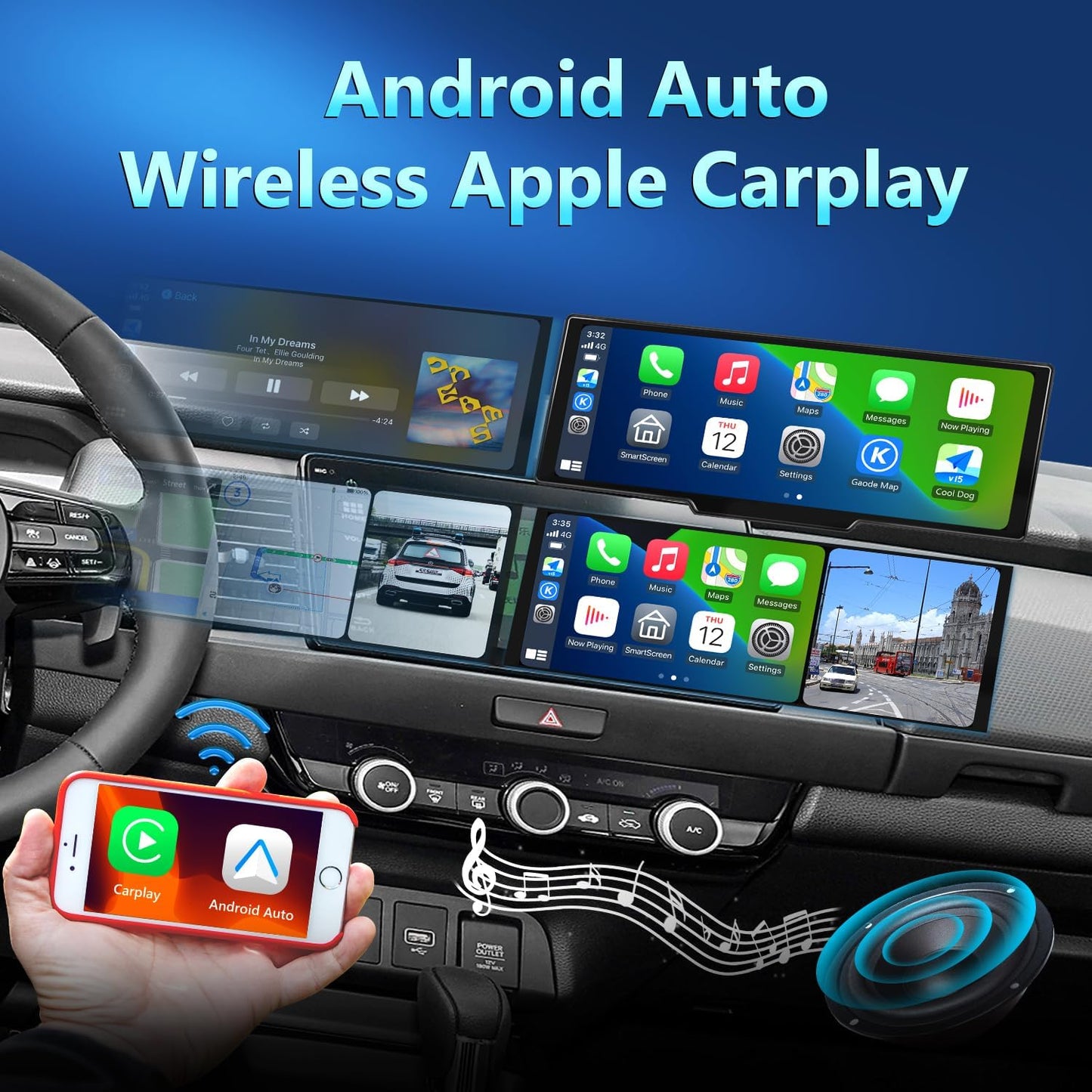 Portable Carplay Screen for Car, 9.28" HD Carplay and Android Auto Screen, Touch Screen with 4K Dash Cam,Audio Receivers GPS Navigation, Mirror Link, Car Play, AUX,Siri,AirPlay