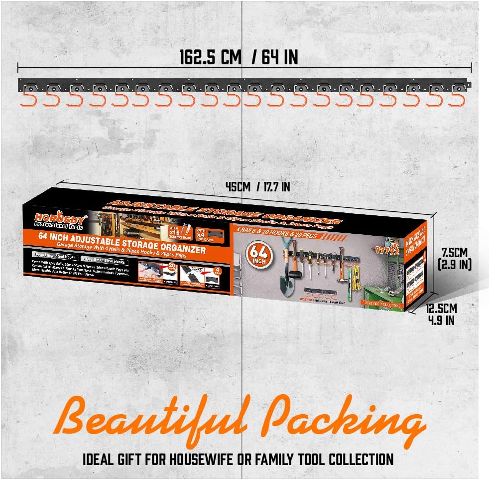 HORUSDY 64 Inch Adjustable Storage System, Wall Mount Tool Organizer, Tool Hangers for Mop and Broom Holder Shovel, Rake, Broom, Mop Holder, Etc