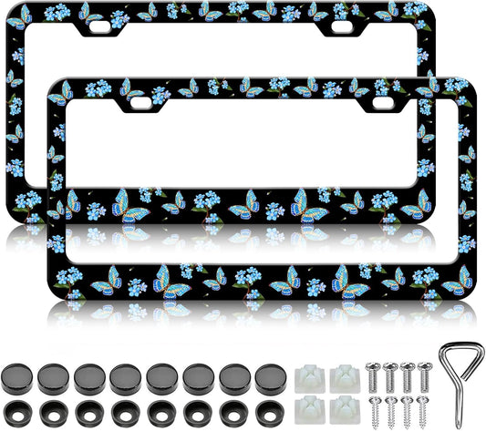 Blue Flower Butterfly License Plate Frames - 2 Pack Beautiful Butterfly Stainless Steel License Plate Holder,Rust-Proof Waterproof Car Decorative Tag Frame with Screws Fasteners Caps