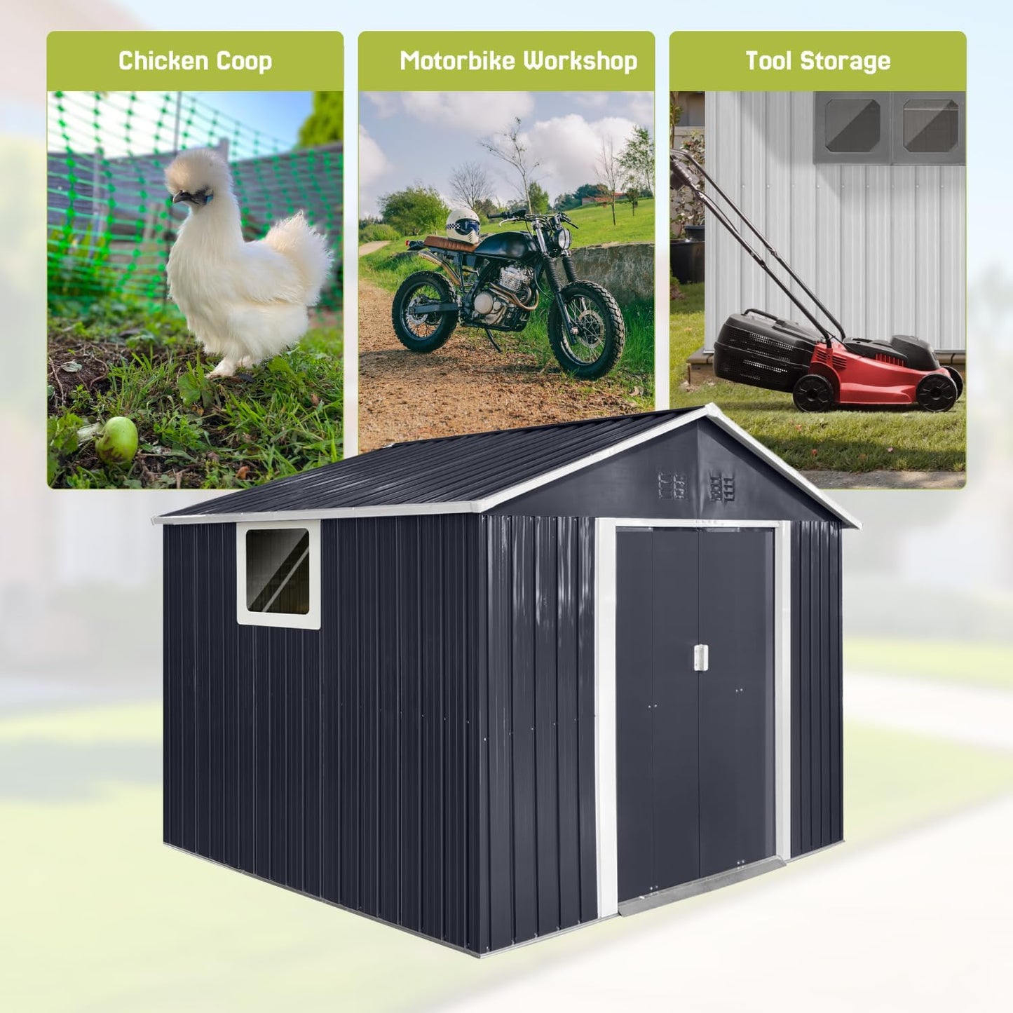 9.1' x 8.5' Outdoor Storage Shed, Sturdy Metal Building w/Windows & Lockable Doors for Garden, Backyard, Poolside and Lawn, Anthracite
