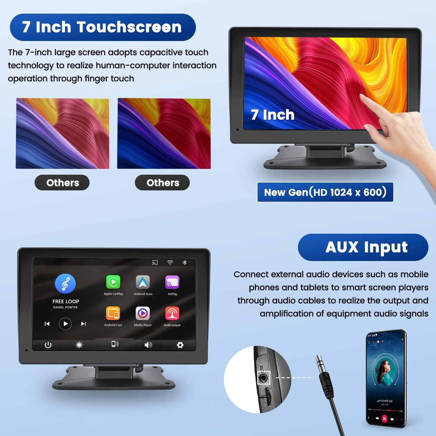 Portable Carplay Screen for Car, 7" Wireless Carplay & Android Auto with Bluetooth, GPS Navigation, Siri, FM, AUX, Mirror Link for All Vehicles