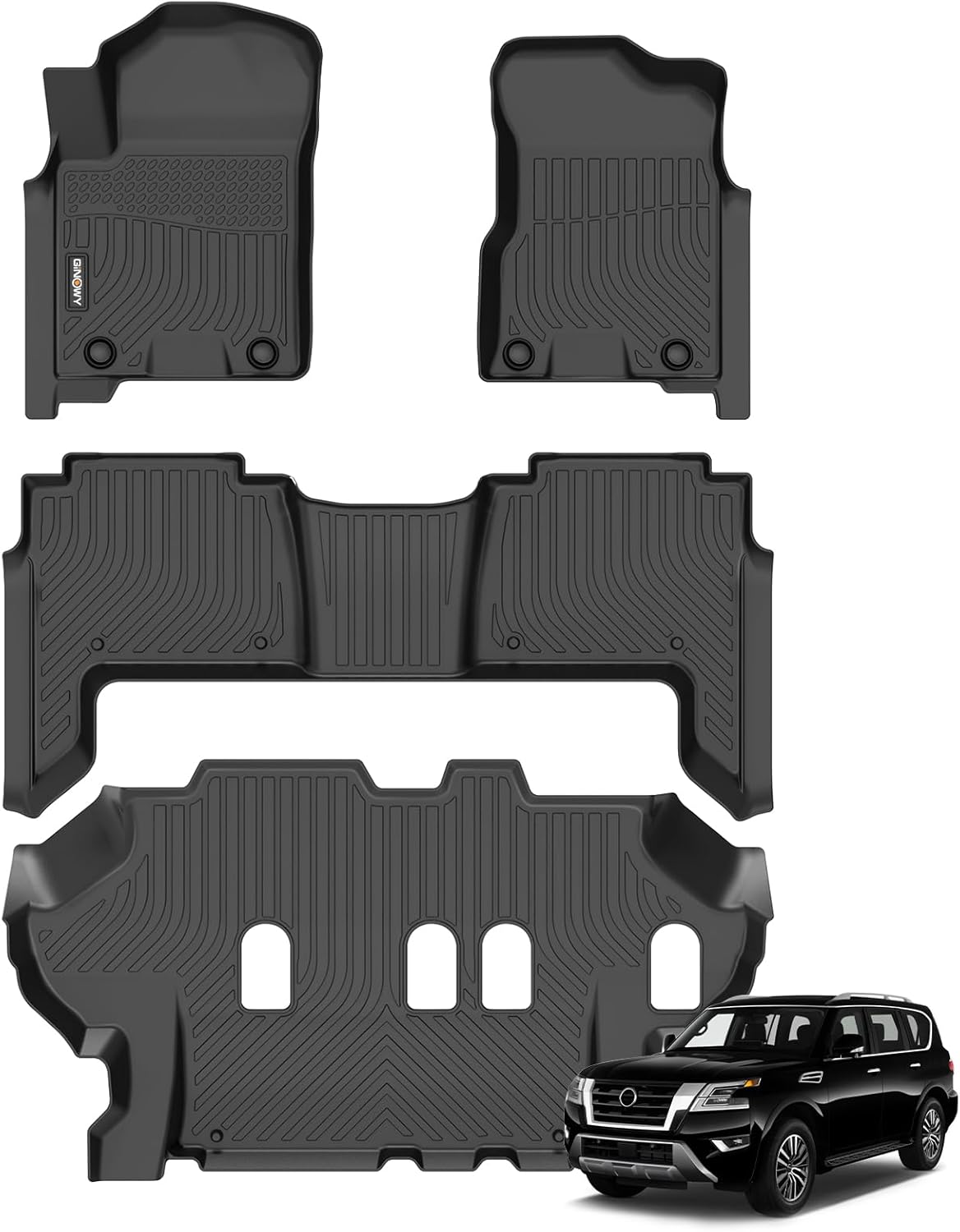 GINOWY-Floor Mats for Nissan Armada &Infiniti QX80 2019-2024 Bench Seating All Weather Car Floor Mats Armada 2024 Waterproof Easy to Clean Armada Floor Liners Accessories Black